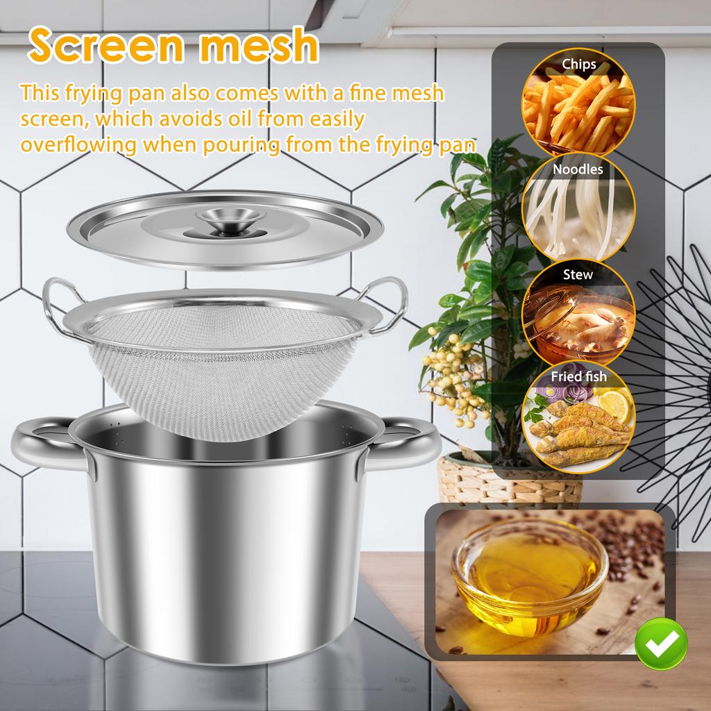 Paslanmaz Çelik Yağ Filtre Kabı Yağ Süzgeçli Konteyner Kızartma Sepeti Kapaklı Derin Yağ Fritözü Mutfak İçin Çok Fonksiyonlu Yağ Kızartma Potu