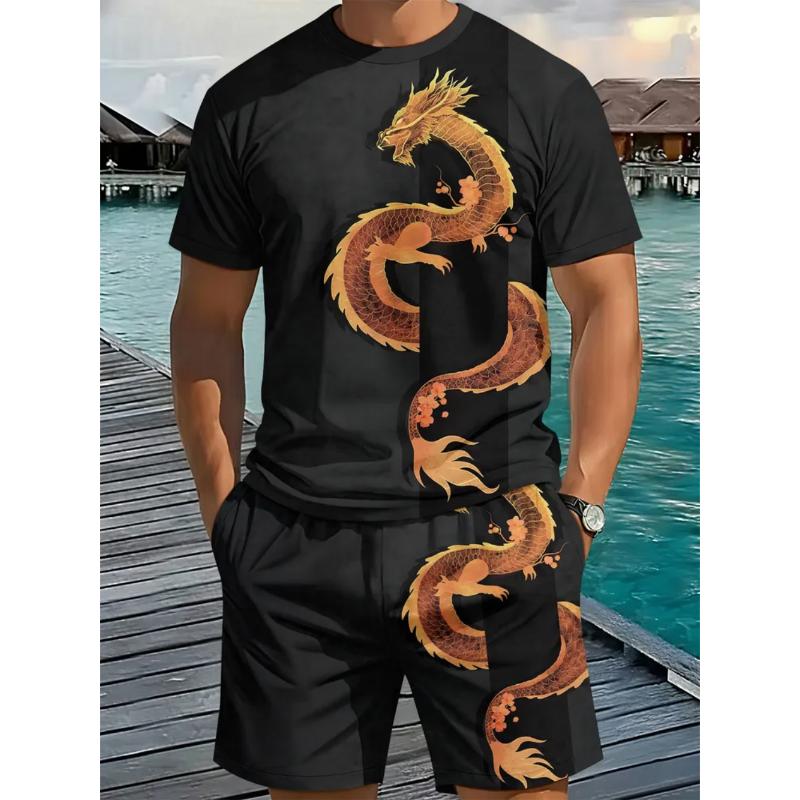 Fashion Men's Casual Suit 3D Casual Color Printing Summer T-shirt Shorts Simple