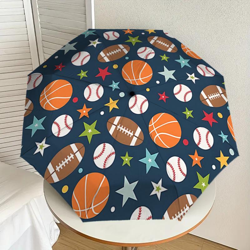 Sports Ball & Star Pattern Automatic Opening/Closing Umbrella - Portable Tri-Fold Design, 8-Rib Iron Frame Outdoor Umbrella, Ideal Gift for