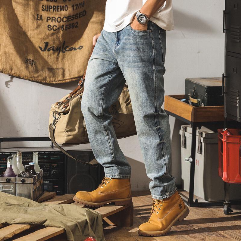 Jie Leinuo Men's Loose Straight Vintage Washed Denim Jeans
