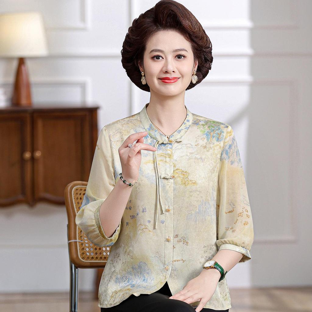 Mother's Wear New Chinese Style Mid-Sleeve Print Shirt, Summer 2026: Elegant Frog Button Top in National Trend