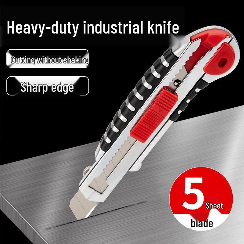 Heavy Duty Utility Knife with Comfortable Rubber Grip - 5-Blade Box Cutter for Paper and More