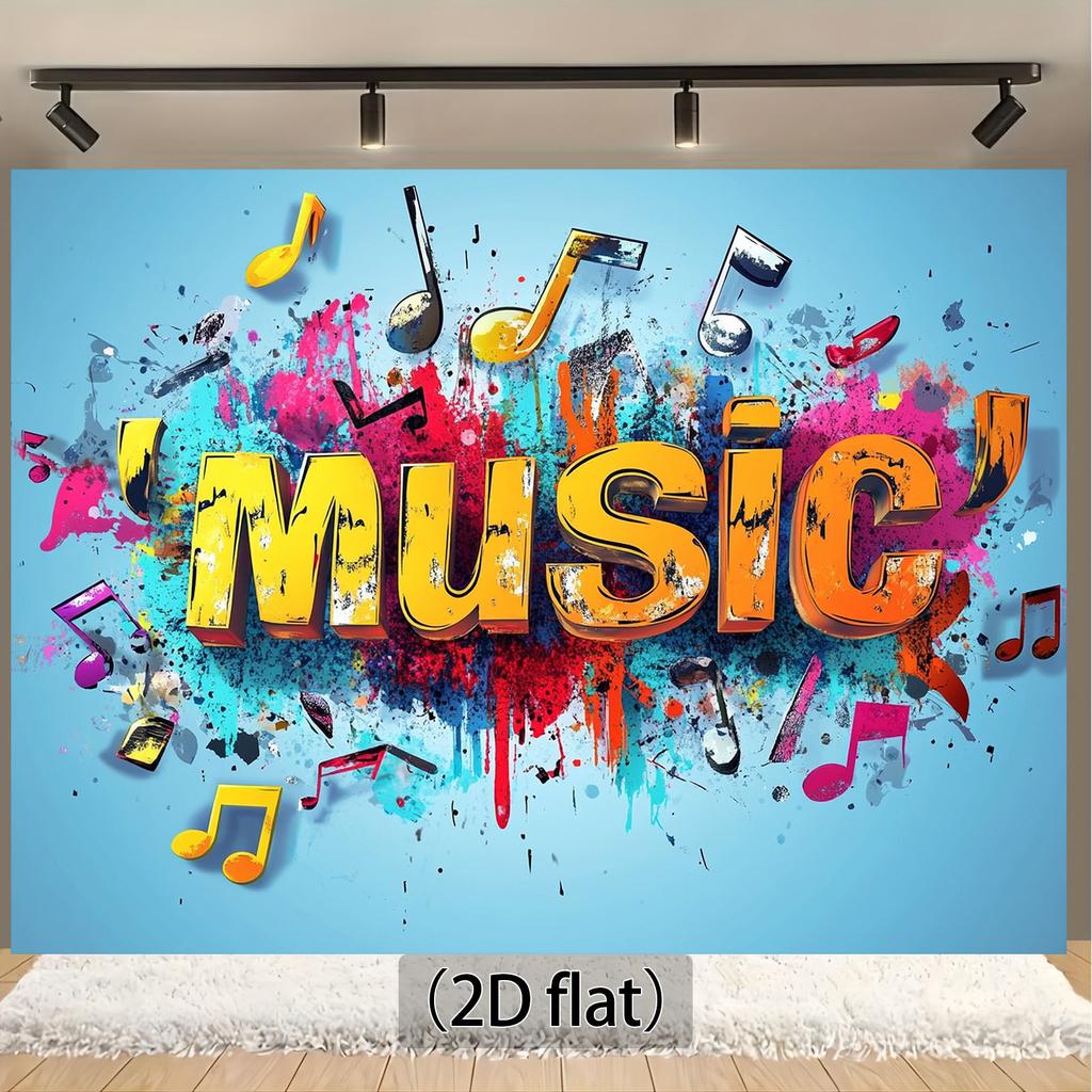 2D graphic design, 2D graphic banner, one vibrant graffiti music-themed background wall decorated with colorsDJH