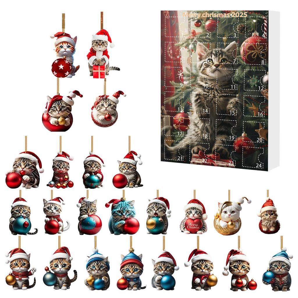 Christmas Tree Decorations with Santa Hats Kitten Countdown Calendar Acrylic Hanging Cat Ornaments for Kids Toddlers Xmas Gifts