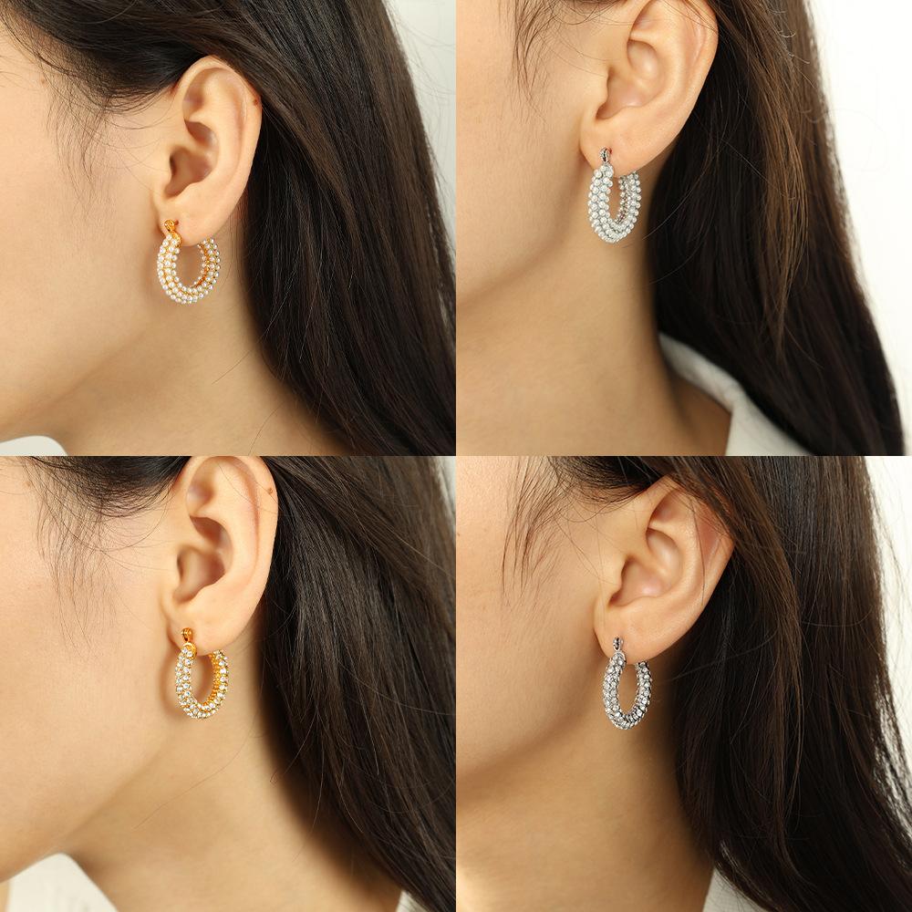 Hot Sale Full of Pearl Rhinestone Earrings Stainless Steel Earrings Versatile Jewelry Women