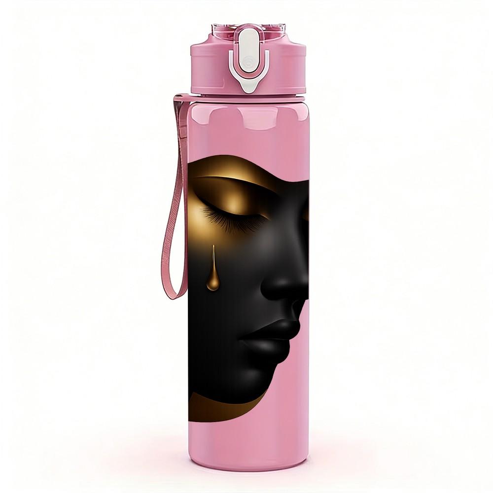 1PC Dark Woman Face Sculpture Print 750ml Color Plastic Sports Water Bottle Leakproof Flip Straw Lid Suitable for Sports Office Home Use