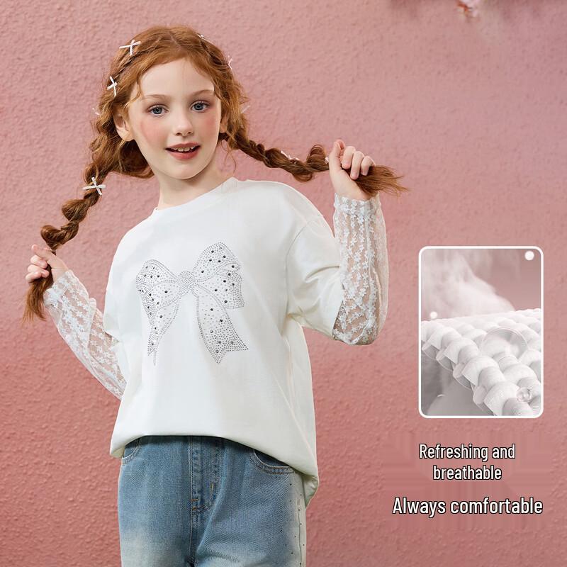 ASK JUNIOR Girls' Faux Layered Lace Bow Long Sleeve T-Shirt