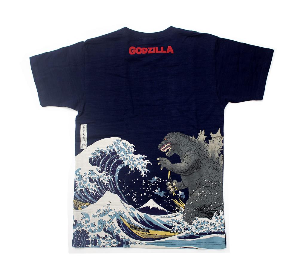 Fourcart Godzilla T-Shirt, Thirty-six Views of Mount Fuji, Large Monsters, Navy, Size S (Chest 72-78cm)