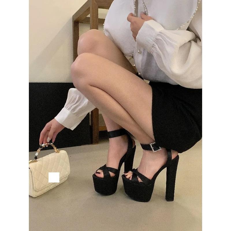 Eilyken New Summer Solid Platform Square High Heels Women Sandals Fashion Crystal Buckle Strap Open Toe Party Shoes