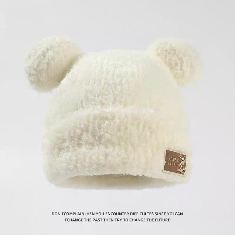 Winter Cute Bear Hat Female Thickened Warm Ear Protector Fluffy Knitted Hat Big Head Circumference Showing Face Small Wool Hat