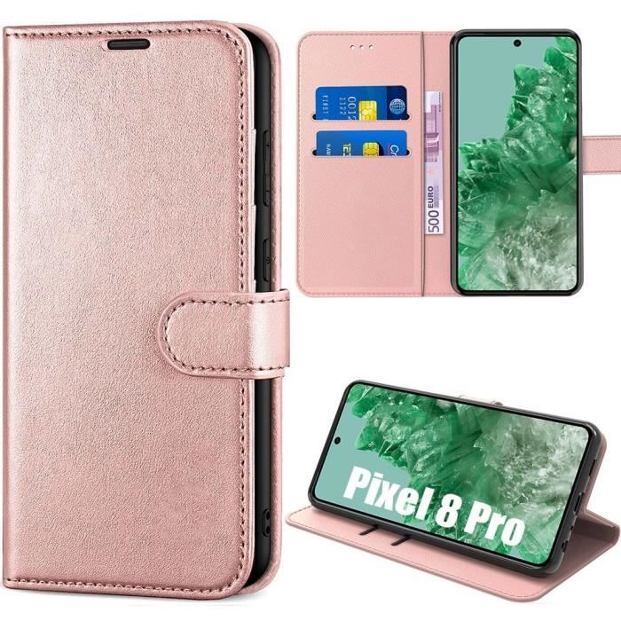 Coque intégrale pour google pixel 8 pro, flip case en cuir pu rose antichoc anti-rayures
