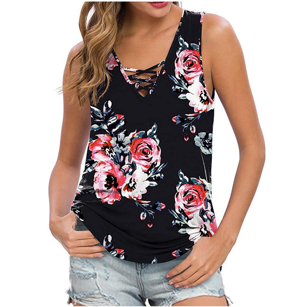 Modna damska koszulka z dekoltem w szpic i nadrukiem, luźna koszulka bez rękawów