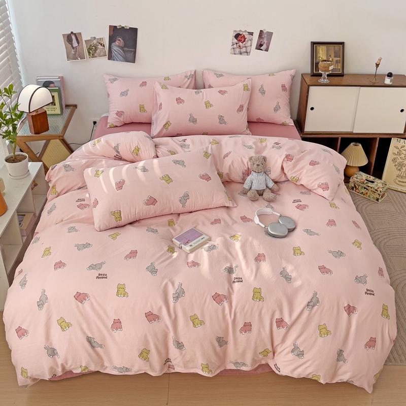 Cute Cartoon Bear Duvet Cover Set For Girls Child Room Decor Kawaii Strawberry Comforter Cover 3/4Pcs Washed Cotton Bedding Set