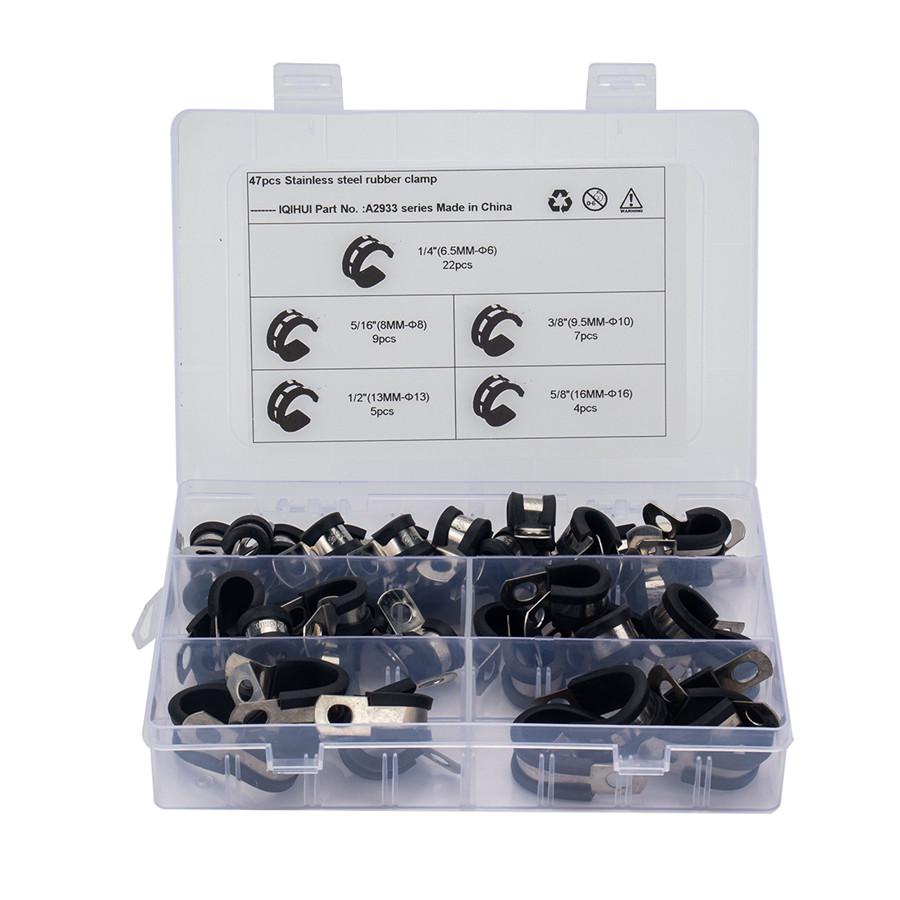 47 Pcs 5 Size Stainless Steel Hose Rubber Cushion Insulated Clamp Assortment Set