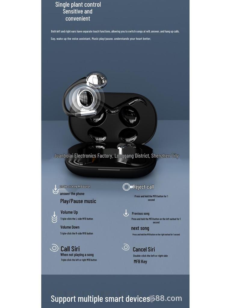 Wireless In-Ear Clip-on Sport Earbuds with Ultra-Long Battery Life, Compatible with Apple and Huawei