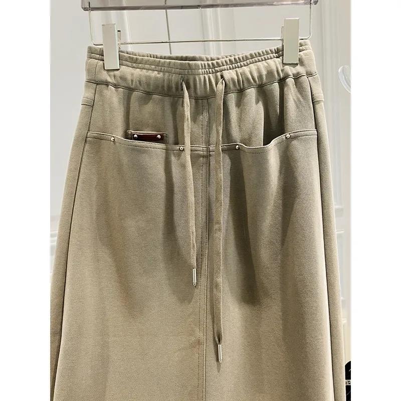 American Casual Pocket Mid-length Skirt Women's Summer Elastic Waist Short Skirt