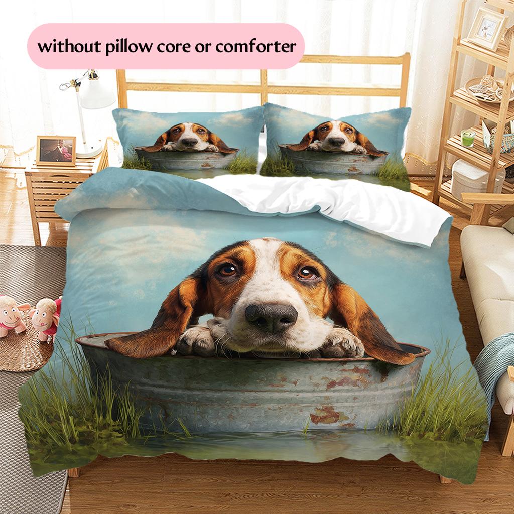 Basset Hound and Grassland Pattern Bedding Home Decoration Birthday Gift (1 * duvet cover + 2 * pillowcase, without core)