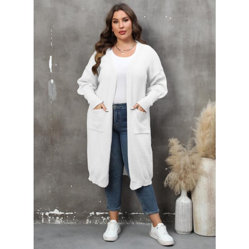 Damen Übergröße Locker Mittellang Laternenärmel V-Ausschnitt Doppeltasche Strick Cardigan Pullover
