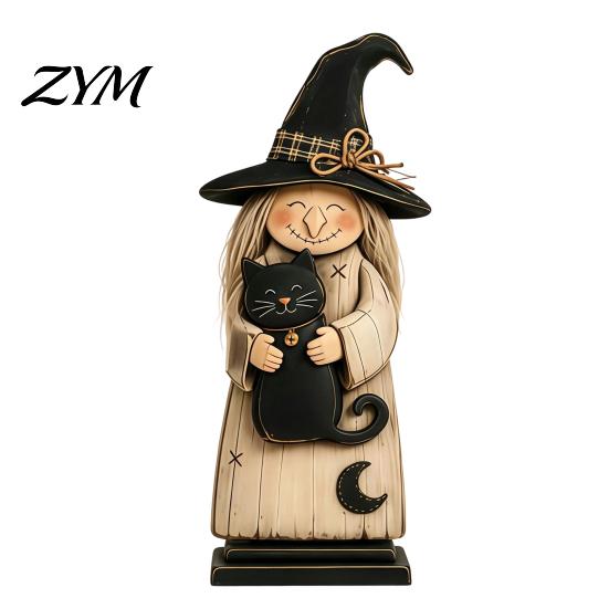 Rustic Wooden Witch Craft for Desk Ornament, Retro Halloween Figurine with Broom/Pumpkin/Black Spooky Party Table Centerpieces Cat, Creative Tabletop