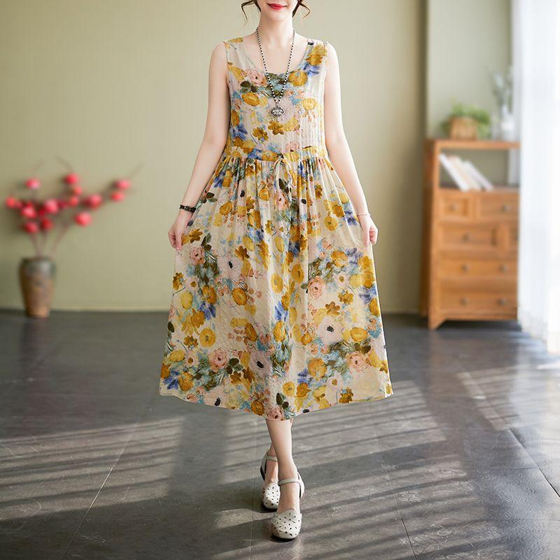 

Летние винтажные платья с принтом для женщин, модное свободное праздничное пляжное тонкое платье без рукавов, элегантное платье Vestidos Femme XXL