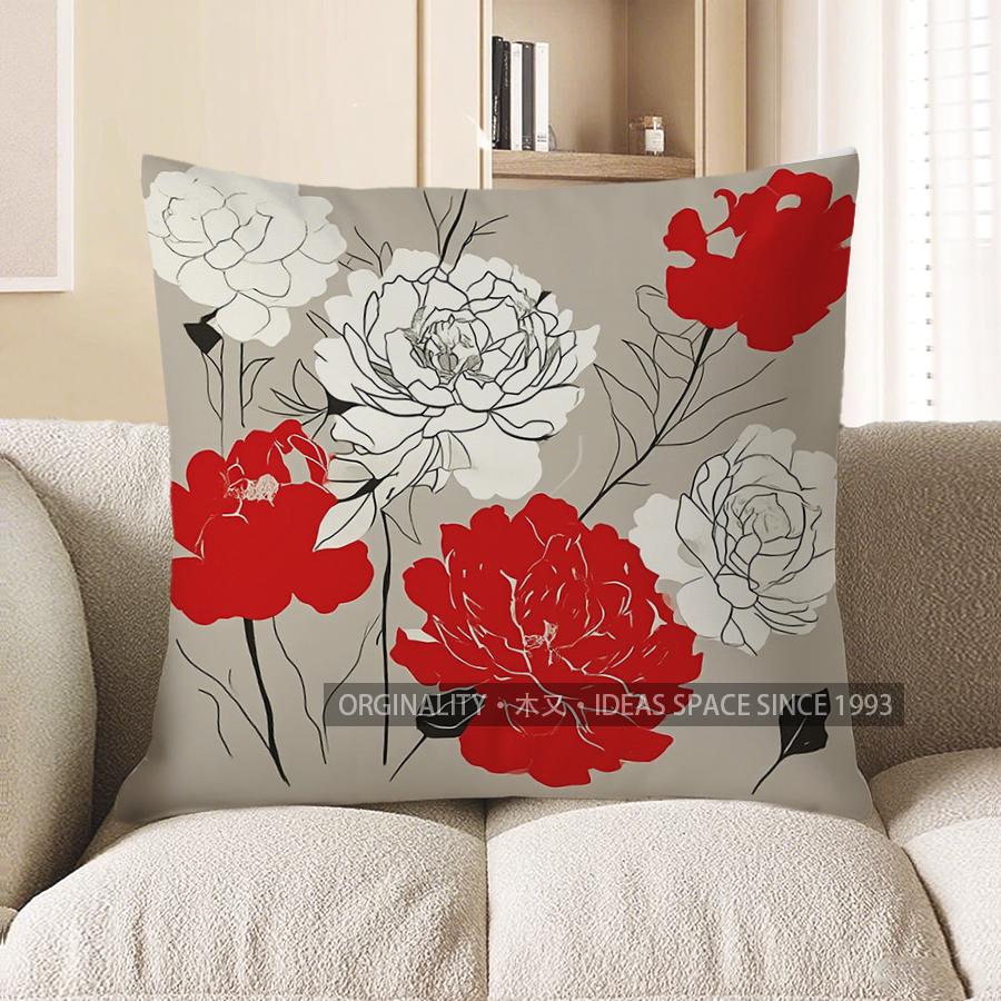 Home Decor Red & Gray Floral Pattern Decorative Pillow Cover Pattern Cushion Cover Suitable for Sofa Bedroom Car Pillow Cover