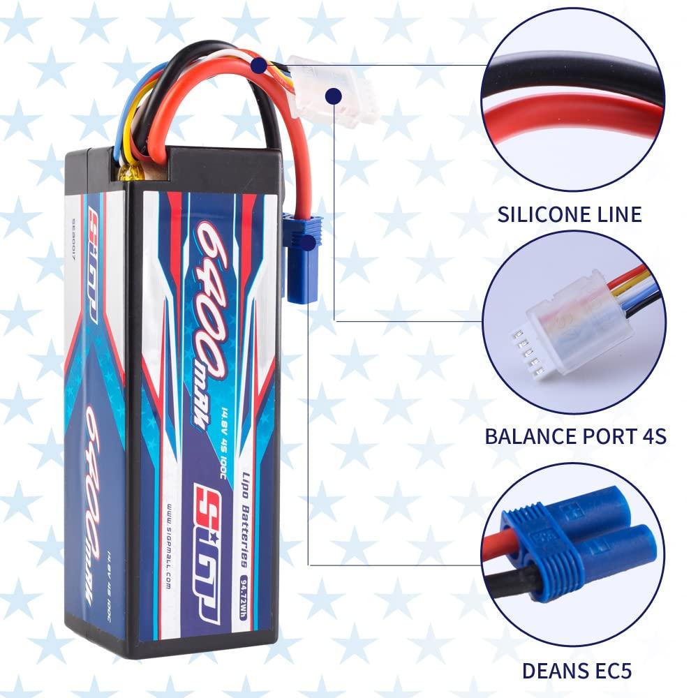 SIGP 4S 14.8V 6400mAh LiPo 100C EC5 Plug Hard Pack Battery for RC Drones, RC Trucks, RC Truggys, RC Models, FPV Racing, Two Packages