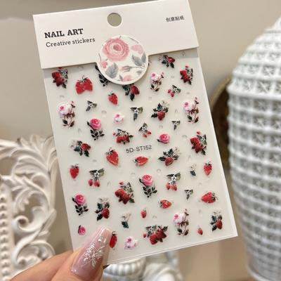 5D Rose Flower Nail Sticker Ins Wind Internet Celebrity Strawberry Hot Nail Sticker 3D Three-dimensional Nail Sticker Without Curling Edge