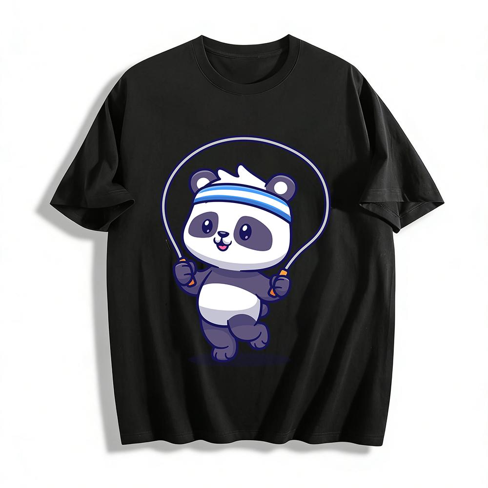 Cute Panda Skipping Rope Print Casual Sports Unisex T-Shirt Pure cotton T-shirt XXS