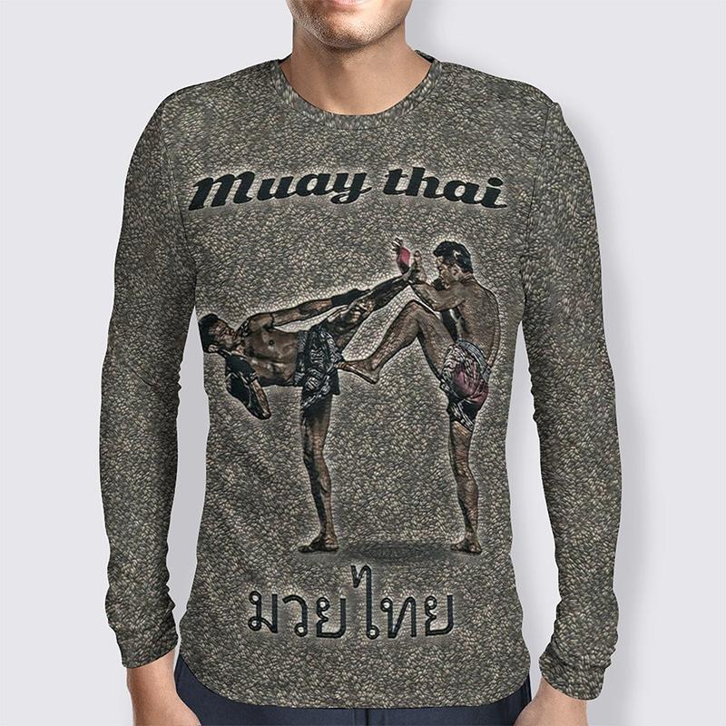 Spring and Autumn Round Neck Muay Thai Graphic 3D Printed Top Fashionable Casual Long Sleeved Men's T-shirts