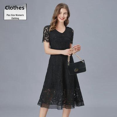 A-Linien-Kleid mit V-Ausschnitt und Wimpernspitze, Europäischer Stil, Sommermode, Übergröße, Midi-Rock, Passt bis zu 200 Pfund