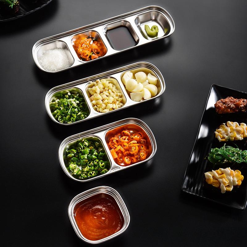Stainless Steel Divided Dip Bowls Sauce Plate Seasoning Dipping Condiment Tray for BBQ Vinegar Spice Ketchup Salt Sugar Flavor