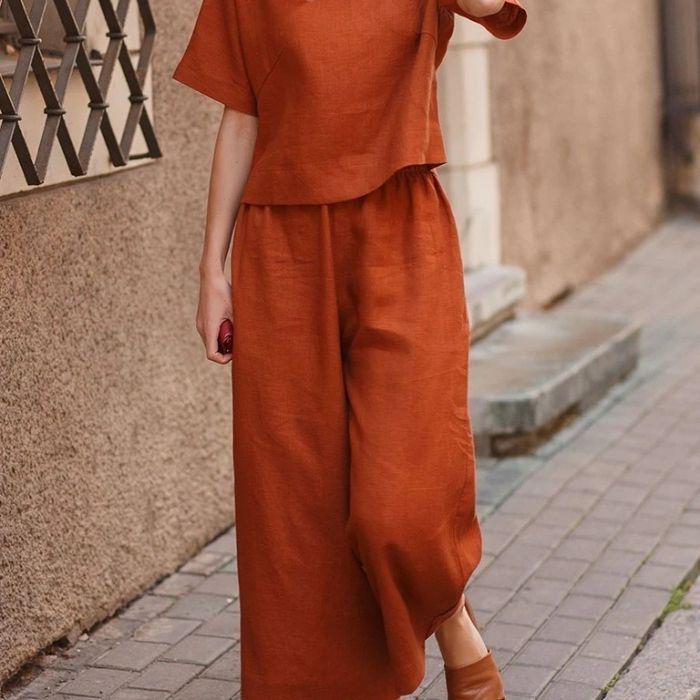 2025 Spring & Autumn Cross-Border Solid Color Casual Two-Piece Set with Fashionable Wide-Leg Pants