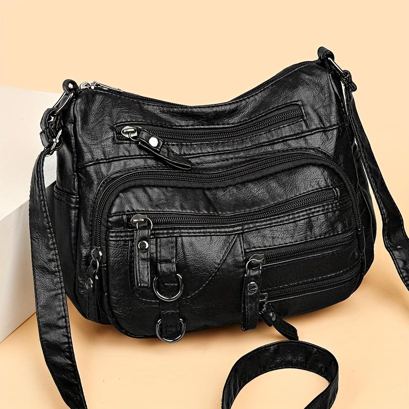 Elegante bolso bandolera retro de color sólido: Piel sintética suave, bolsillos con múltiples cremalleras para la mujer moderna
