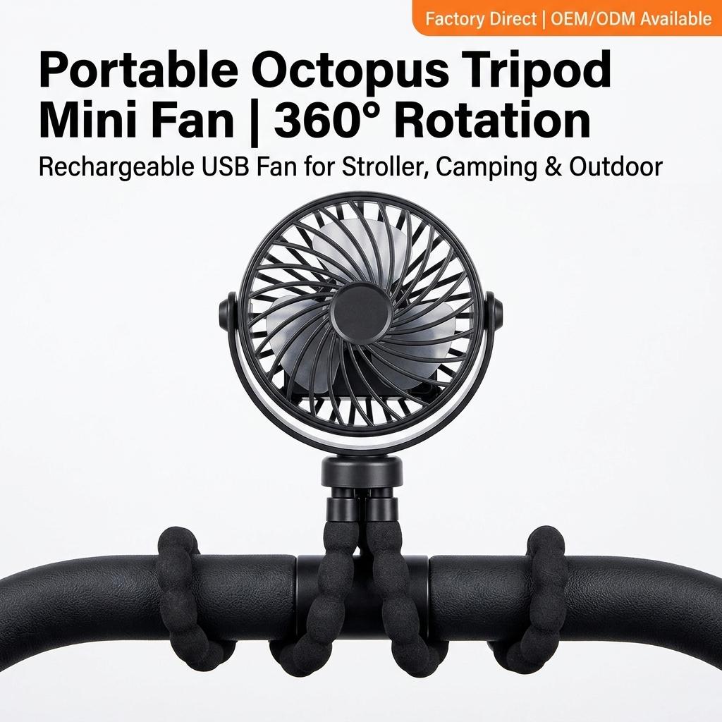 Portable Stroller Fan 360° Rotate USB Rechargeable Mini Fan, Portable Handheld Cooling Fan for Travel & Outdoor