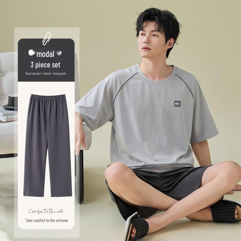 Men's Summer Modal Pajama Set: Cool-Touch, Short Sleeve Top & Long Pants, Casual Outdoor Loungewear.