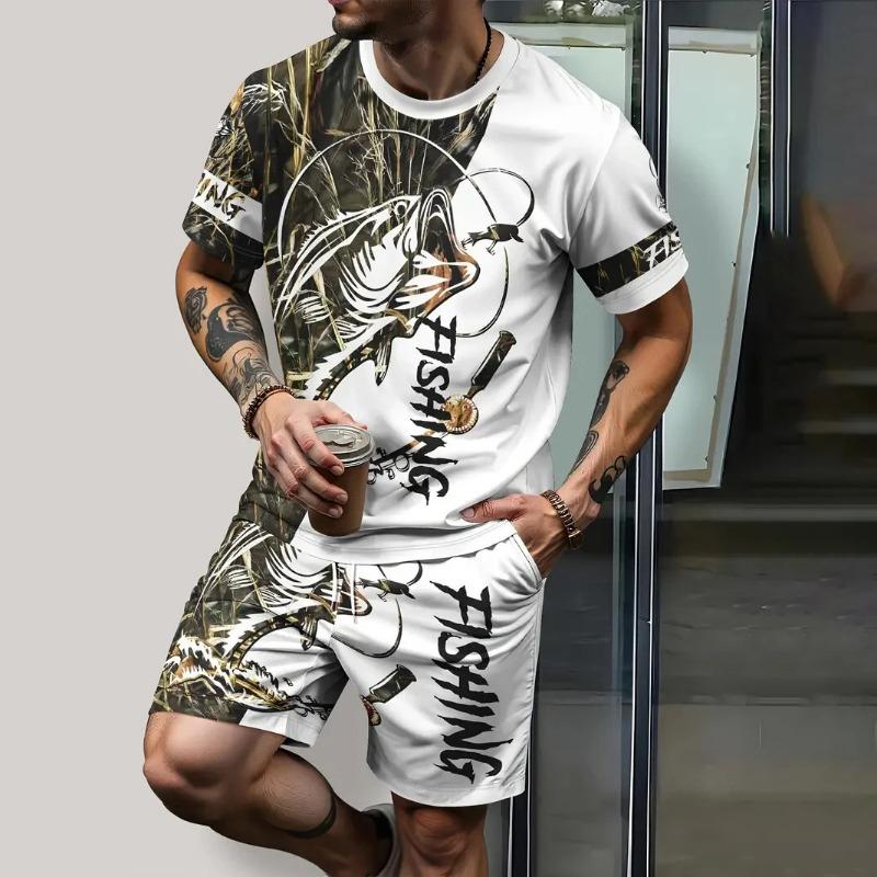 Outdoor Men's Tee Sets Fishing Print Summer Casual Short Sleeve Pullover T-shirts Drawstring Pants Set Male Overszied Clothing