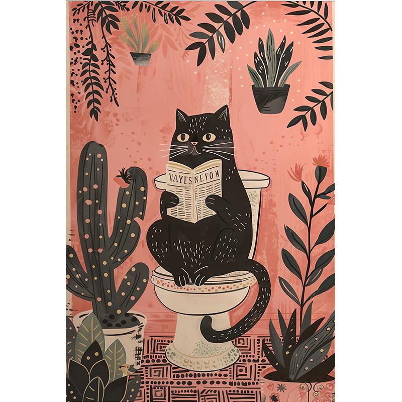 Funny Black Cat Animals On The Toilet Reading Poster Bath Prints Canvas Painting Wall Art Pictures for Toilet WC Home Decor