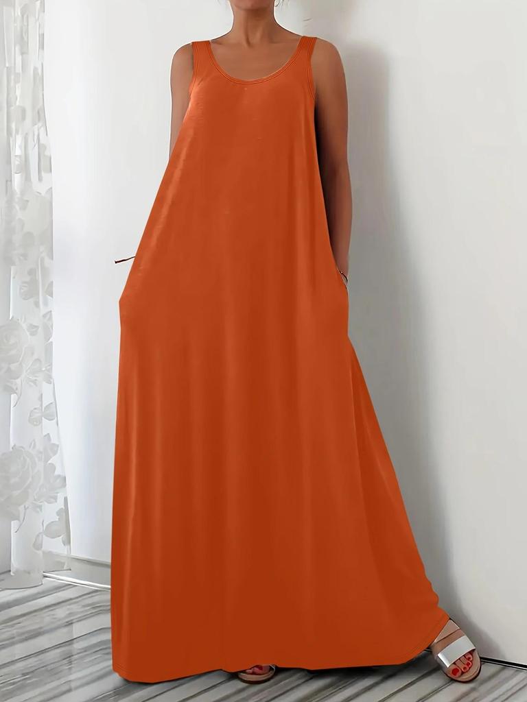 Plus Size Summer Solid Color Dress with Side Pockets (European and American Style)