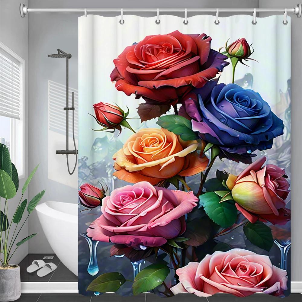 1 Pcs Painted Rose Flower Waterproof Shower Curtain, Colorful and Gorgeous Flowers Bathroom Decoration Curtain, with Hooks