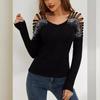 New Fashion Lace Stitching Heavy Industry Hot Diamond V Neck Floor Empty Long Sleeve T-shirt Women's Top