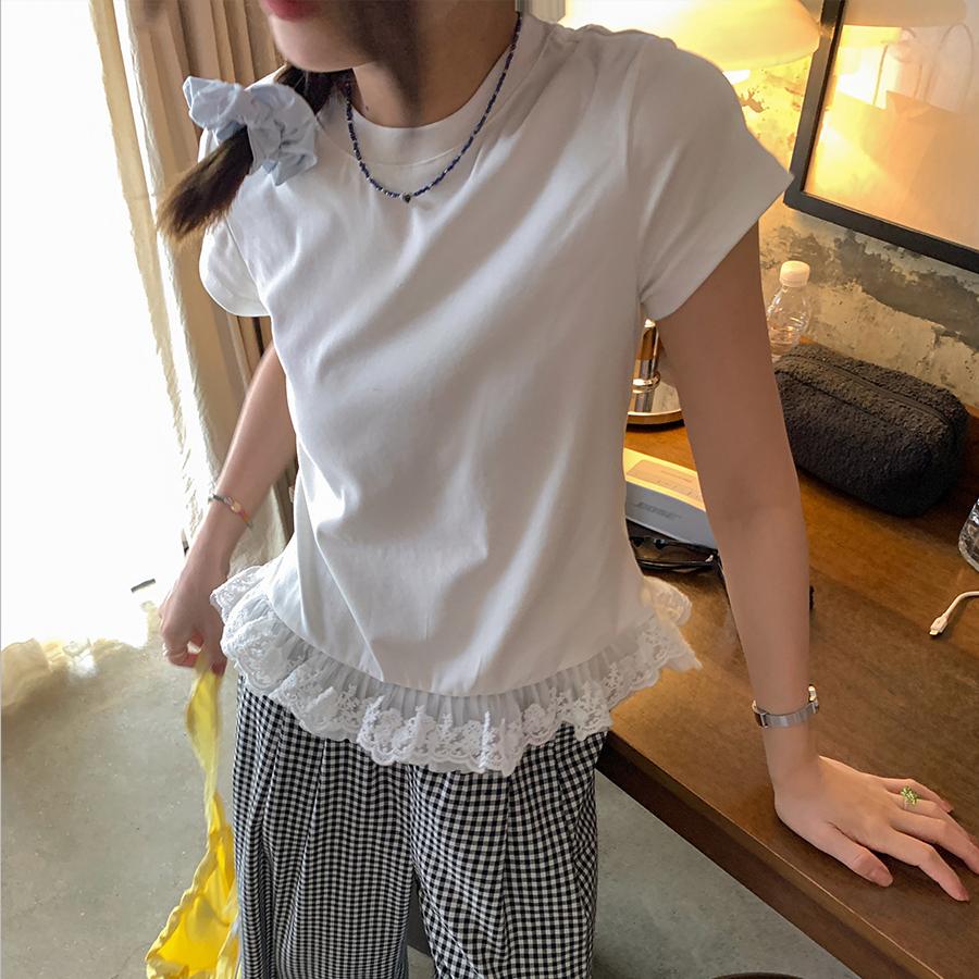 Summer pure cotton Lace splicing t shirt for Women solid O-neck short sleeve T-shirts Lotus leaf Slim Elastic Skinny white Tops