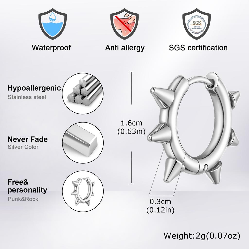 Steel Rivet Hoop Earring for Men Boys,Waterproof Anti Allergy Circle Round Earrings,Cool Punk Jewerlry To Him