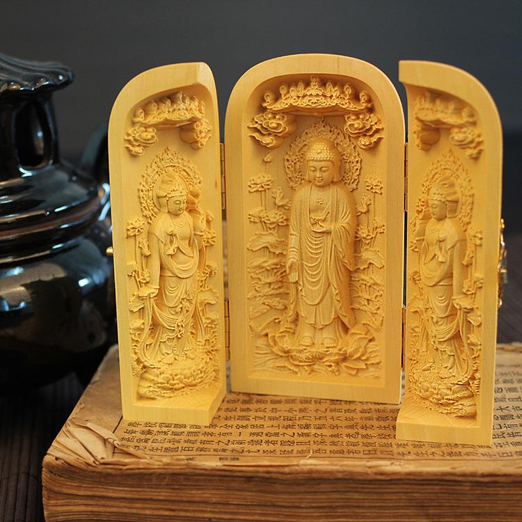 Boxwood Carved Western Shakyamuni Three Saints Guanyin Buddha Wooden Handicraft Ornament