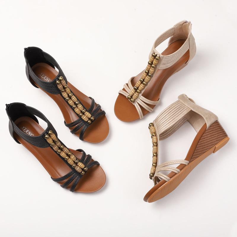 New Vintage Wedge Heel Sandals Women's Bohemian Vacation After Zipper Open-toed Roman Shoes