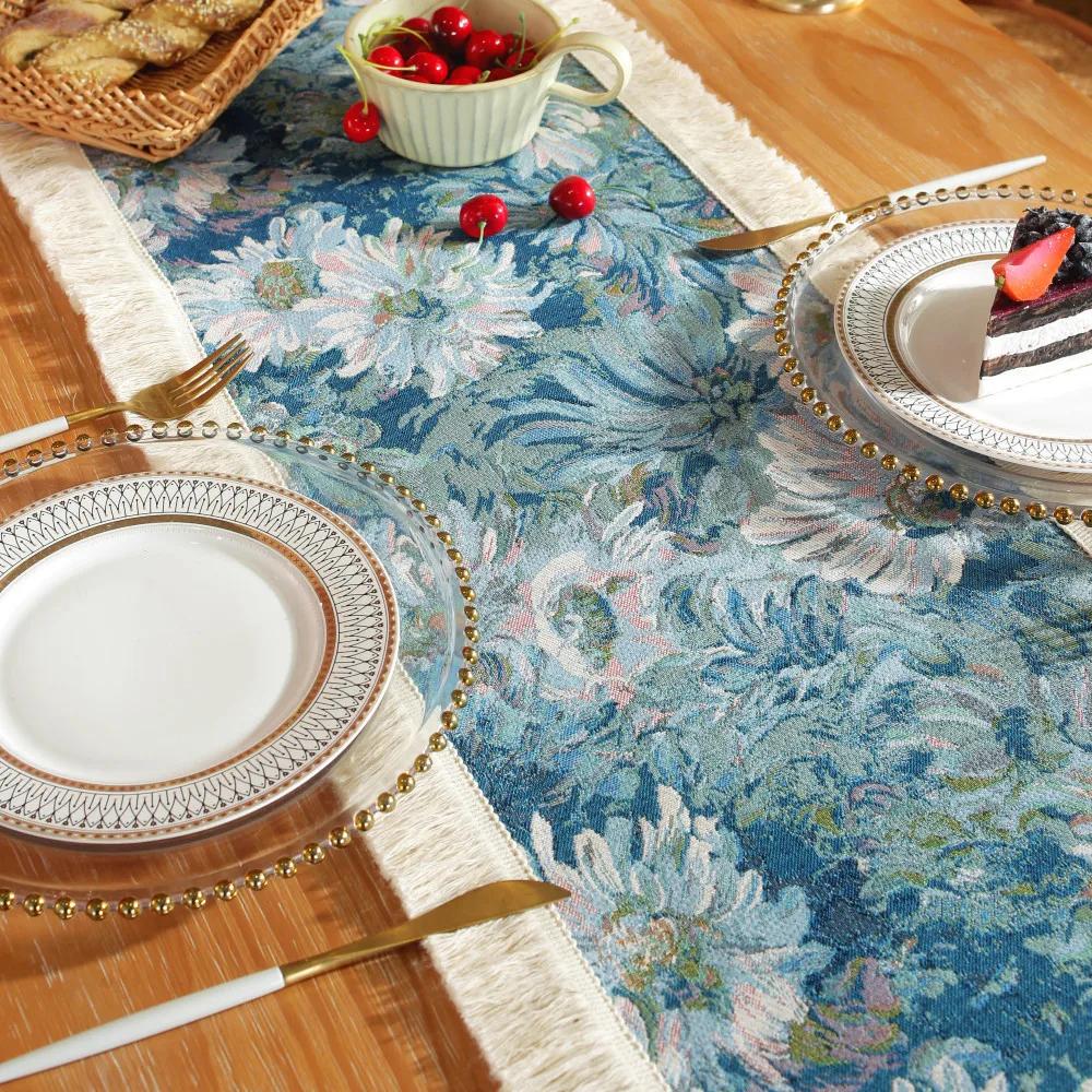 Vintage Table Runner Oil Painting with Tassels Bohemian Sideboard Suitable For Kitchen Holiday Party Birthday Party Table Decor