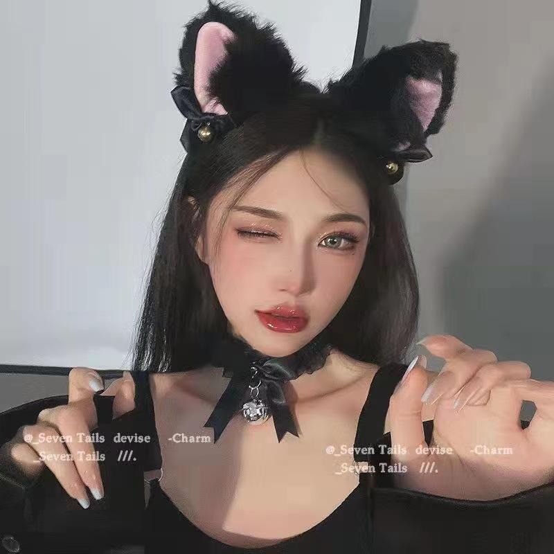 Fashion Fox Cat Ear Hair Band Popular Plush Cat Ear Headband Black White Soft Hairband with Bells Party Cosplay Hair Accessories