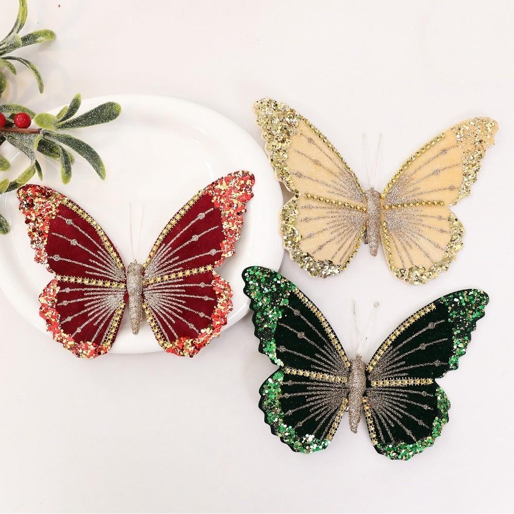 Clip-On Velvet Christmas Butterfly Ornament Artificial Butterfly Hanging Decor Wedding Decor