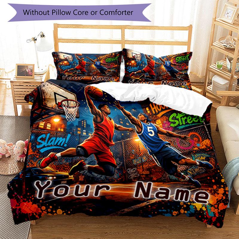 3PC Custom Name "Street Basketball Dreams" Bedding Set Printed Bedding Set Duvet Cover Closure Includes 1 Duvet Cover & 2 Pillowcases for All Seasons