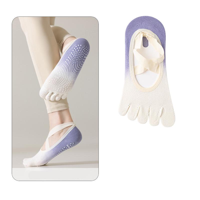 Low Cut Athletic Wrap Straps Grip Dots Anti Slip Breathable Cotton Gradient Fitness Ballet Style No Show Five Toe Yoga Socks