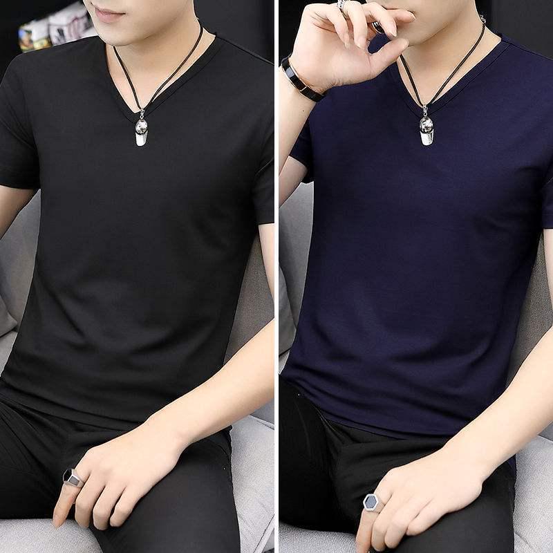 2-pak męskich koszulek z lodowego jedwabiu z dekoltem w serek, z krótkim rękawem, slim fit